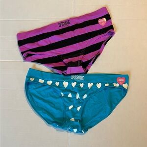 PINK Victoria's Secret Purple Striped and Blue Heart Panties NWT 2 pair